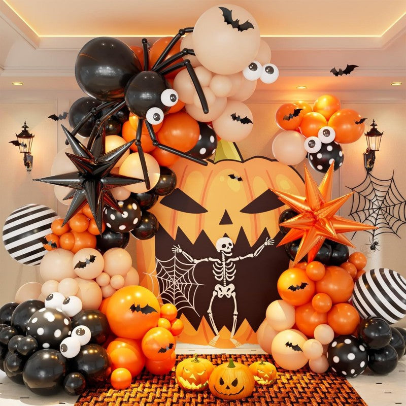 Halloween Ghost Bat Skeleton Balloon Garland Kit – Black Pink Purple & Black Orange Arch Set with Foil Fringe, Haunted House Party Decor Supplies