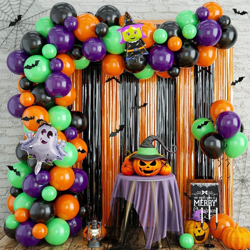 Halloween Ghost Bat Skeleton Balloon Garland Kit – Black Pink Purple & Black Orange Arch Set with Foil Fringe, Haunted House Party Decor Supplies