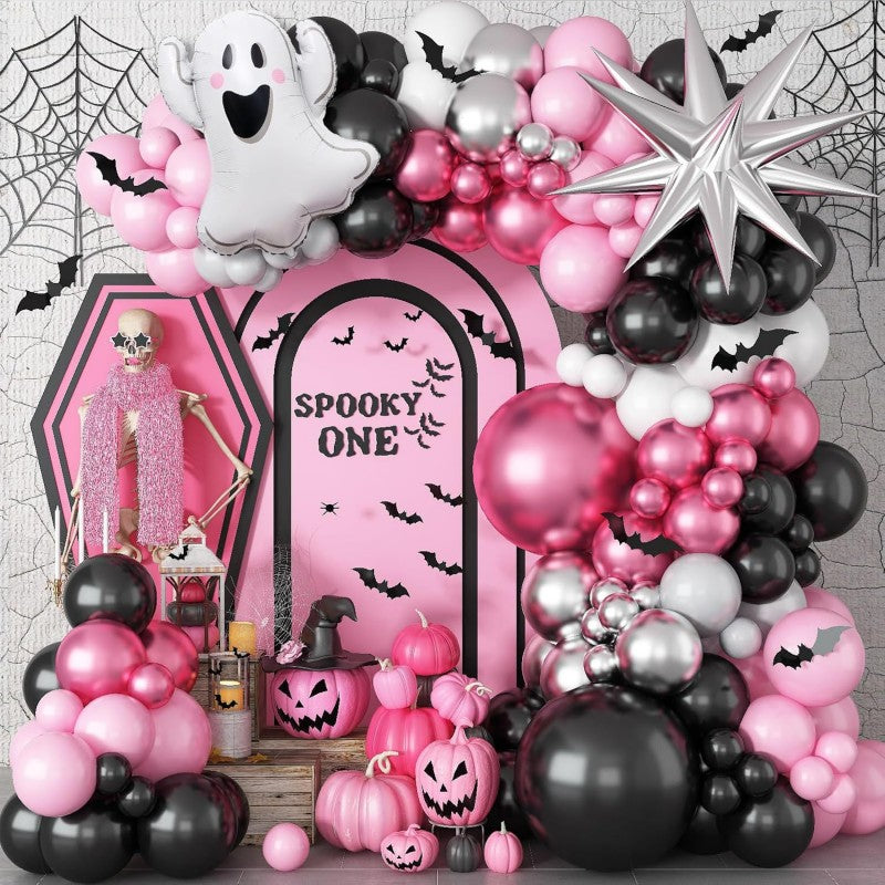 Halloween Ghost Bat Skeleton Balloon Garland Kit – Black Pink Purple & Black Orange Arch Set with Foil Fringe, Haunted House Party Decor Supplies