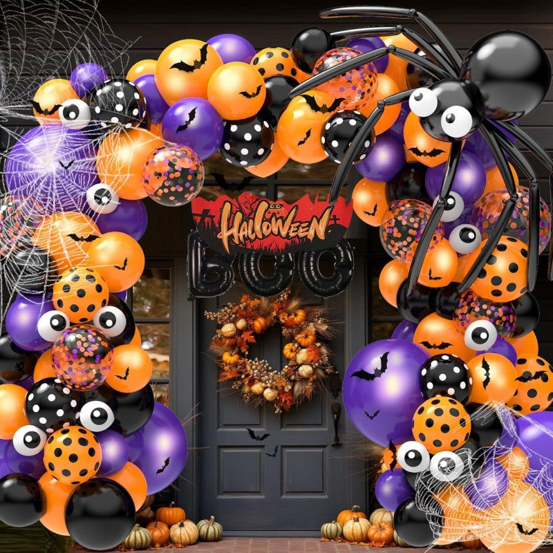 Halloween Ghost Bat Skeleton Balloon Garland Kit – Black Pink Purple & Black Orange Arch Set with Foil Fringe, Haunted House Party Decor Supplies