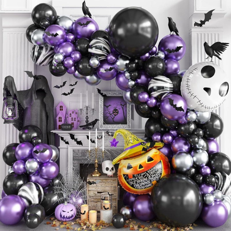Halloween Ghost Bat Skeleton Balloon Garland Kit – Black Pink Purple & Black Orange Arch Set with Foil Fringe, Haunted House Party Decor Supplies