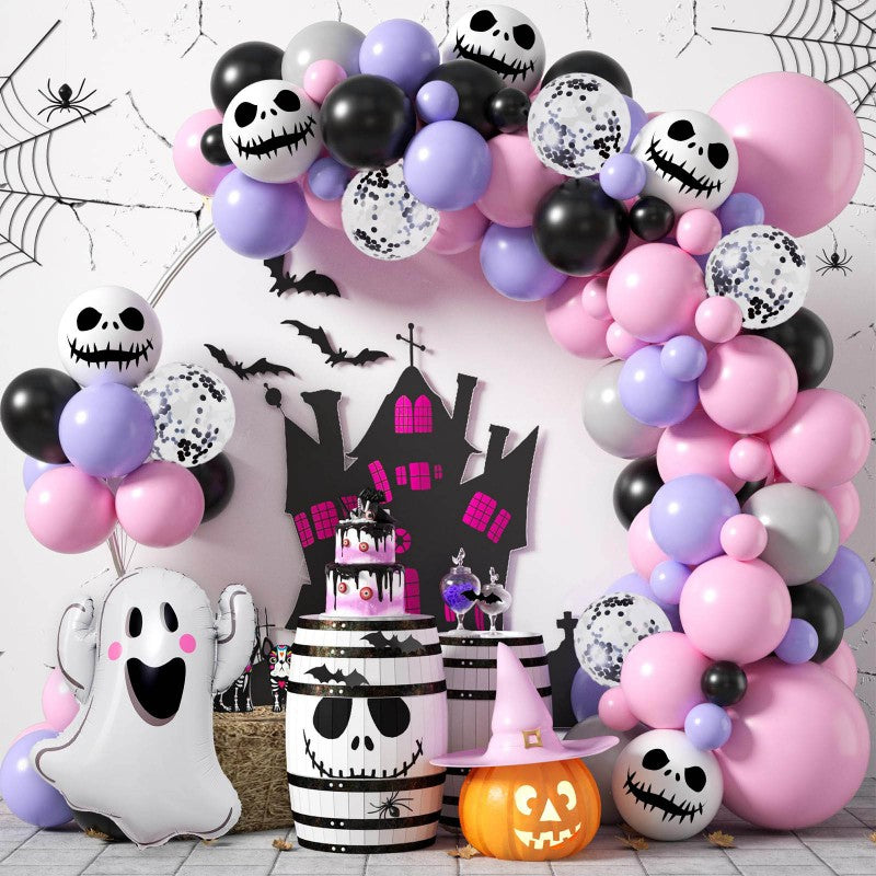 Halloween Ghost Bat Skeleton Balloon Garland Kit – Black Pink Purple & Black Orange Arch Set with Foil Fringe, Haunted House Party Decor Supplies