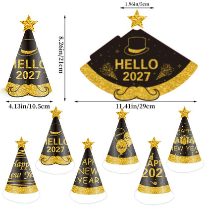 2027 Black & Gold New Year Party Kit – Kids Paper Hats, Foil Balloons & Fireworks Decor, Wholesale Bulk for NYE Celebration