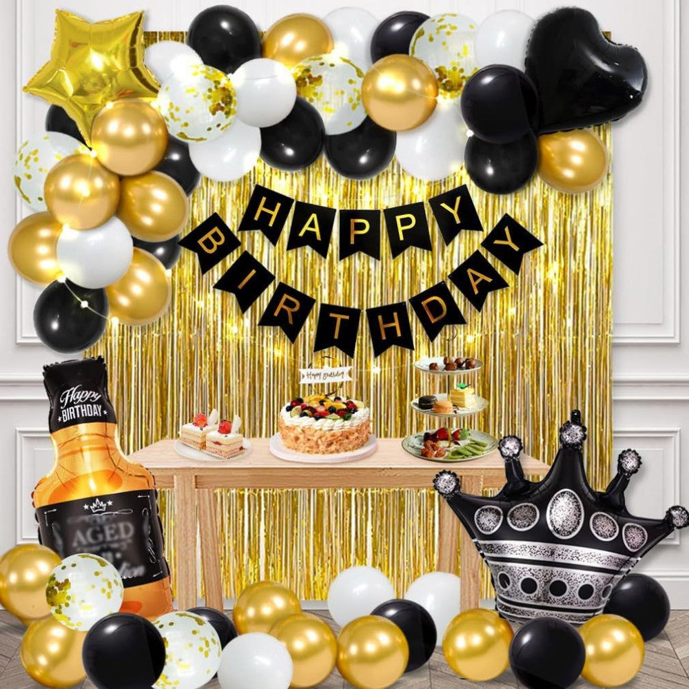 Happy Birthday Banner & Balloon Decoration Set – Fringe Curtain Backdrop, Foil Letter Balloons & Garland for Party Scene Setup
