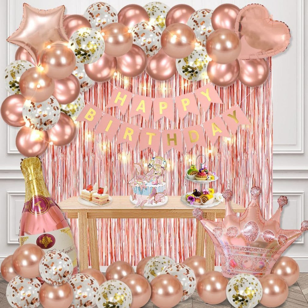 Happy Birthday Banner & Balloon Decoration Set – Fringe Curtain Backdrop, Foil Letter Balloons & Garland for Party Scene Setup