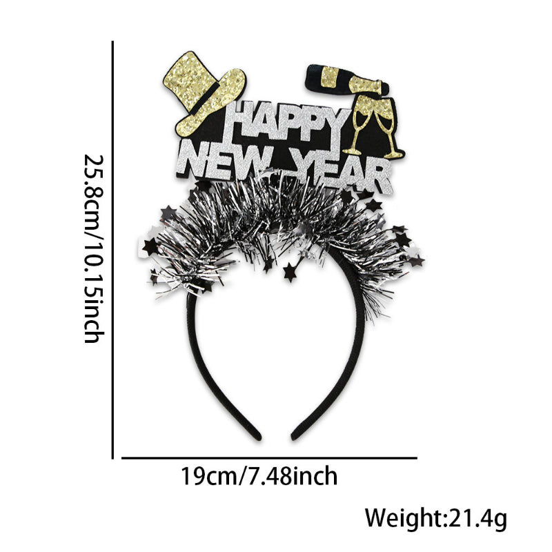 Happy New Year headband with top hat and champagne, glitter tinsel