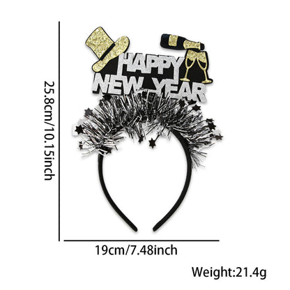 Happy New Year headband with top hat and champagne, glitter tinsel