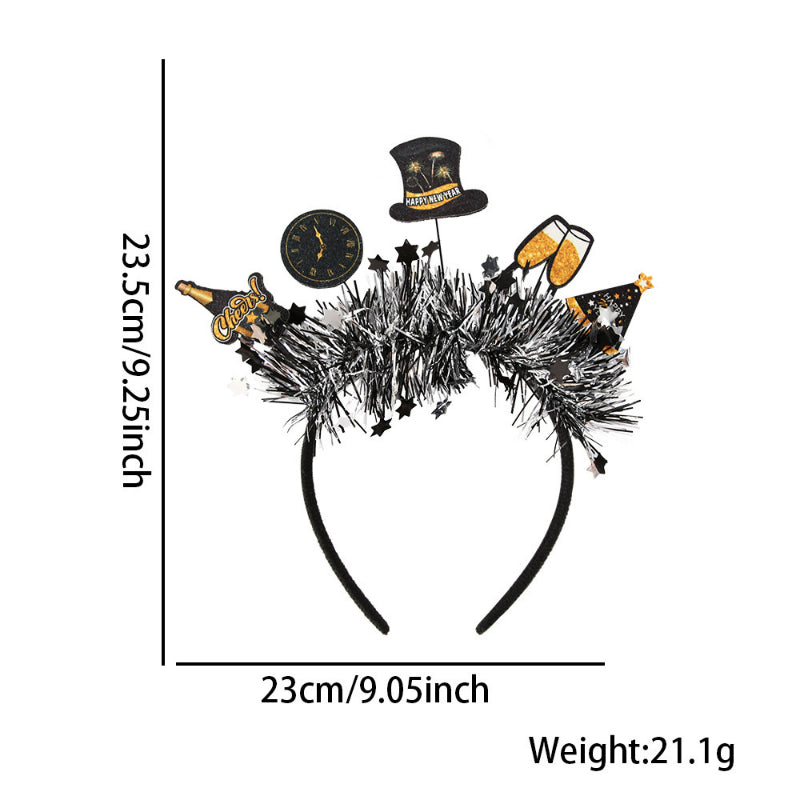 Top hat and clock New Year headband with black tinsel