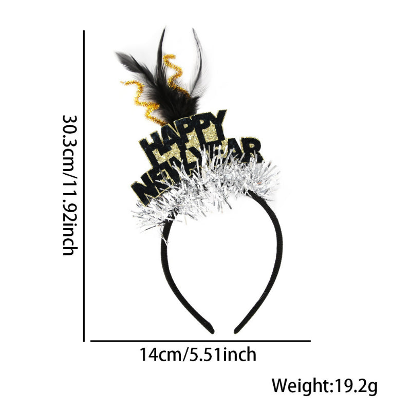 Happy New Year headband with black feather and glitter tinsel