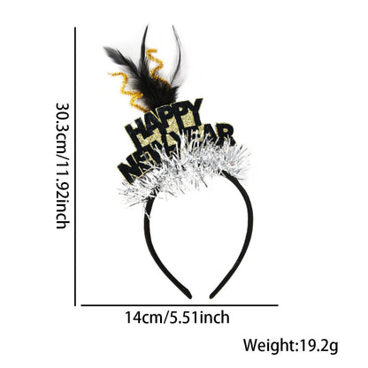 Happy New Year headband with black feather and glitter tinsel
