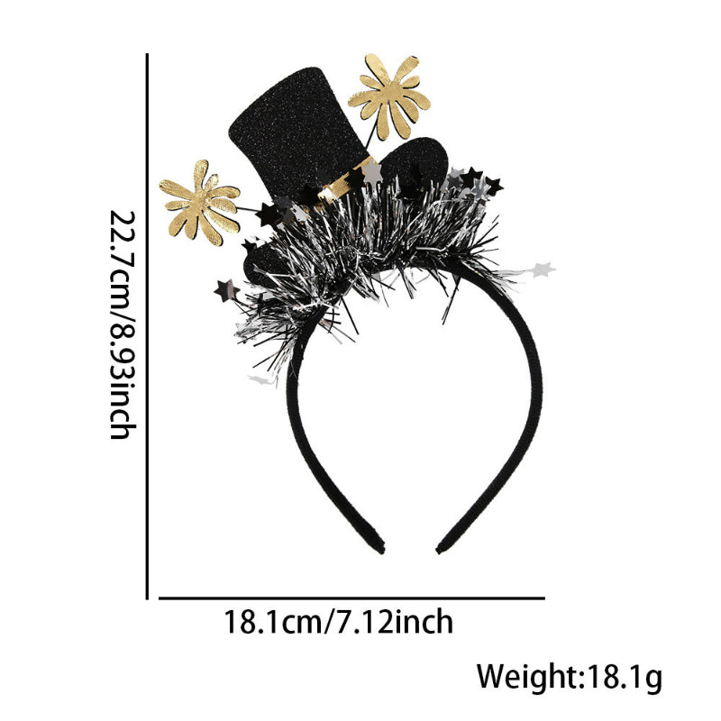 Black top hat New Year headband with silver tinsel