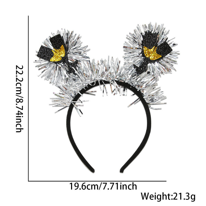 Silver tinsel headband with gold top hats