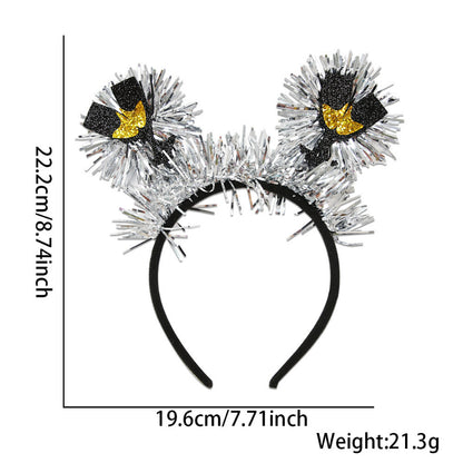 Silver tinsel headband with gold top hats