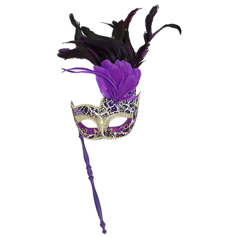 Feather masquerade mask purple plumes with matching handheld stick
