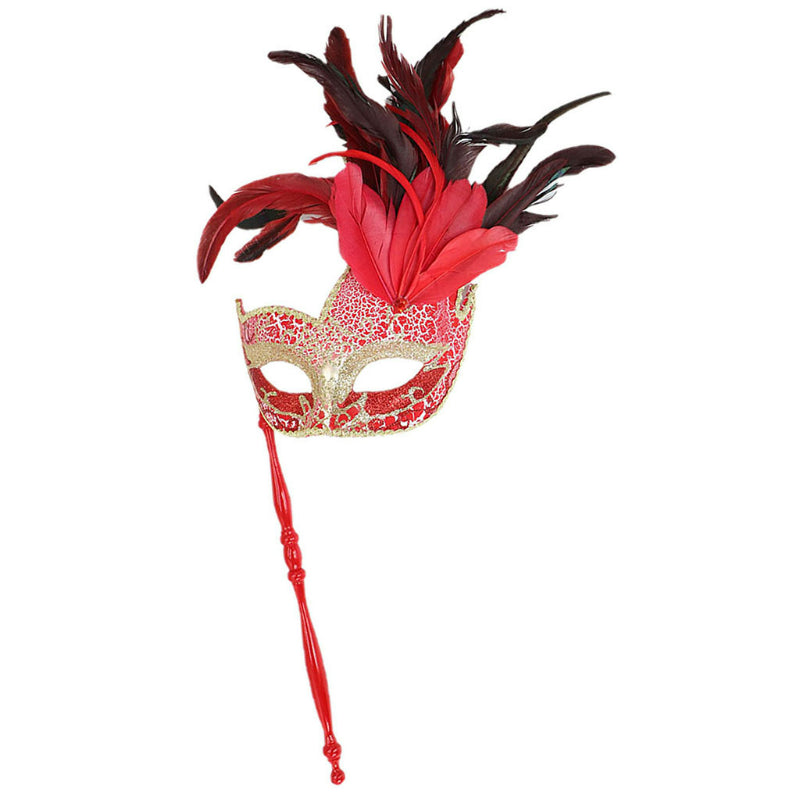 Feather masquerade mask red plumes with handheld wand stick
