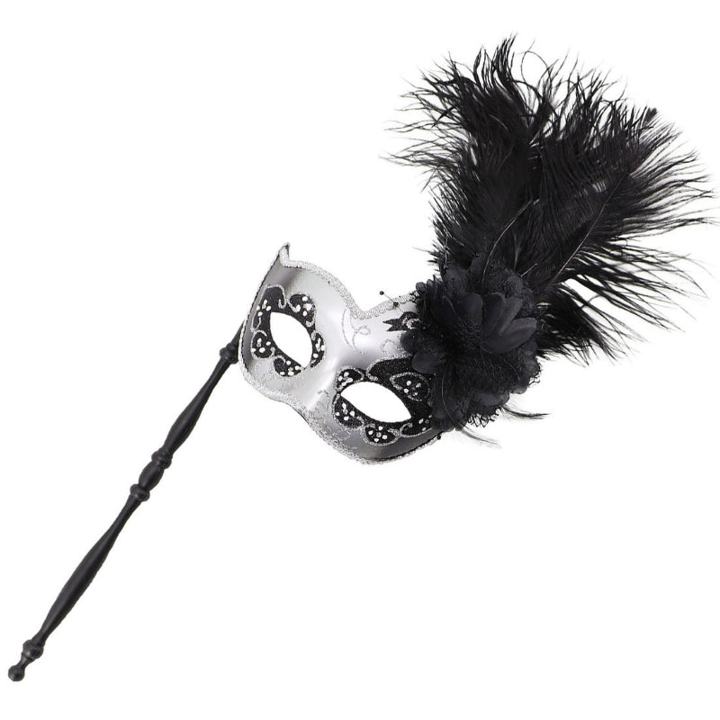 Feather masquerade mask silver eye frame with handheld stick