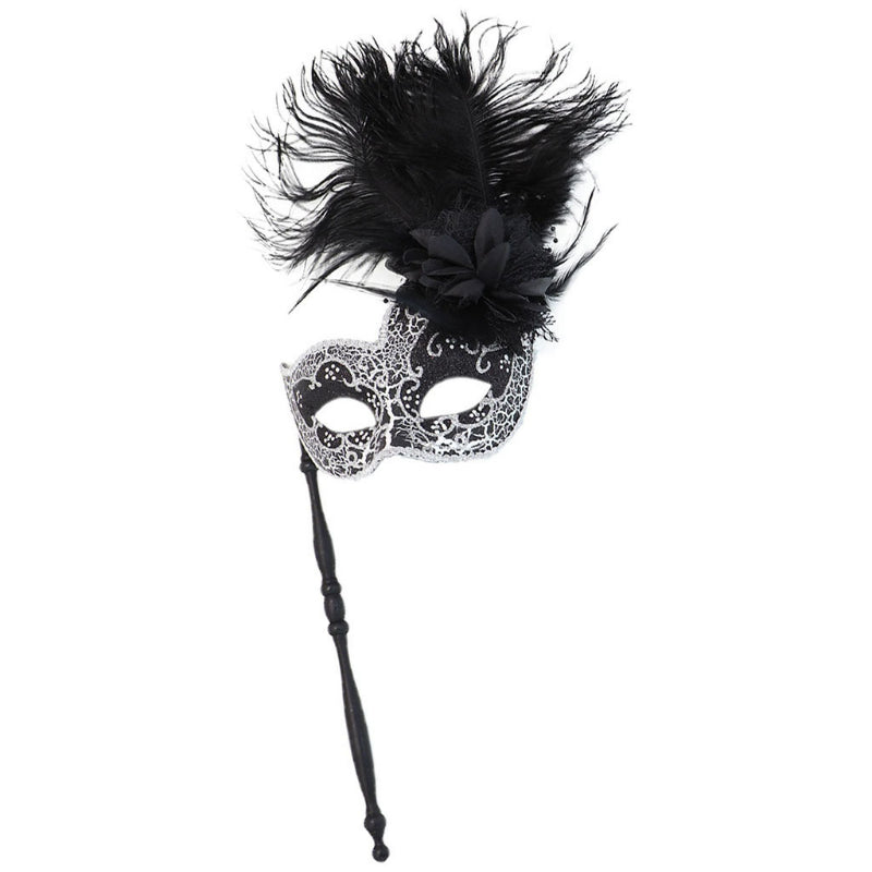 Feather masquerade mask crackle black finish with handheld stick