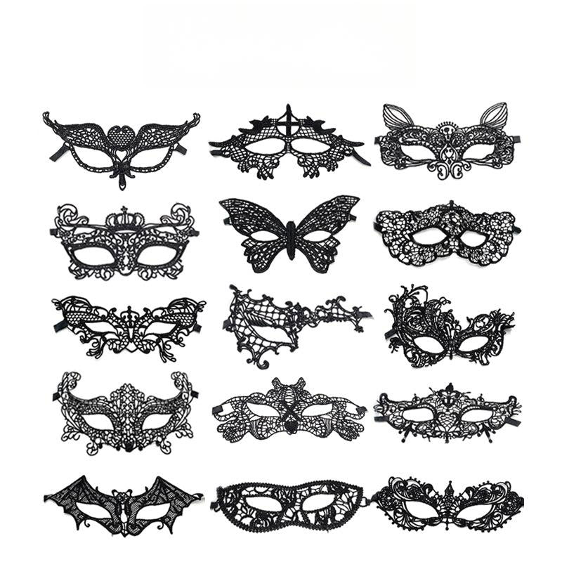 Venetian lace mask fifteen-piece assorted collection displayed in grid