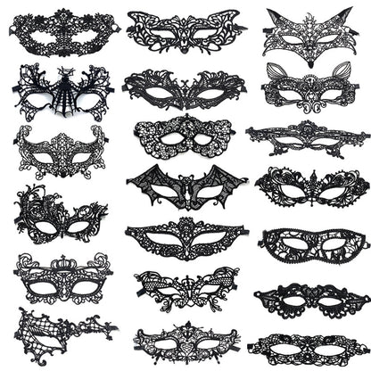 Venetian lace mask twenty-piece assorted collection arranged in rows