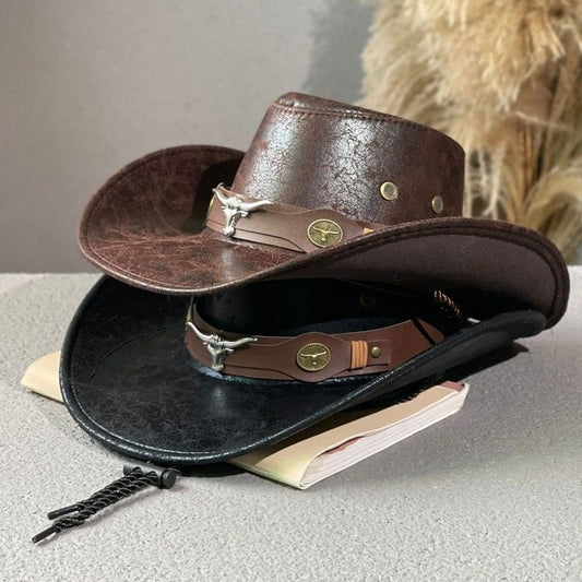Vintage distressed cowboy hats stacked in brown and black faux leather