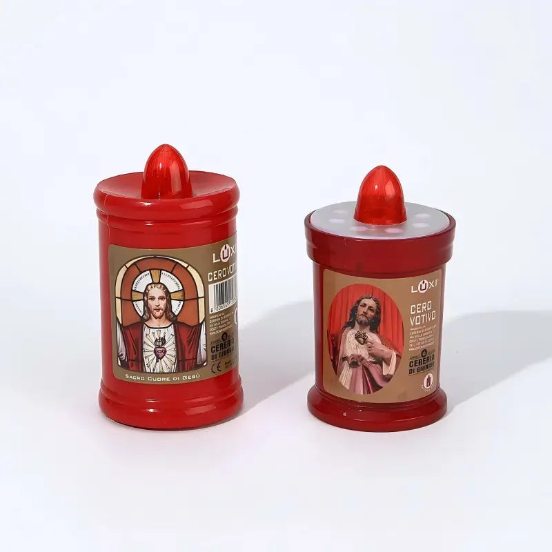 Red votive LED candles with religious images for memorial displays
