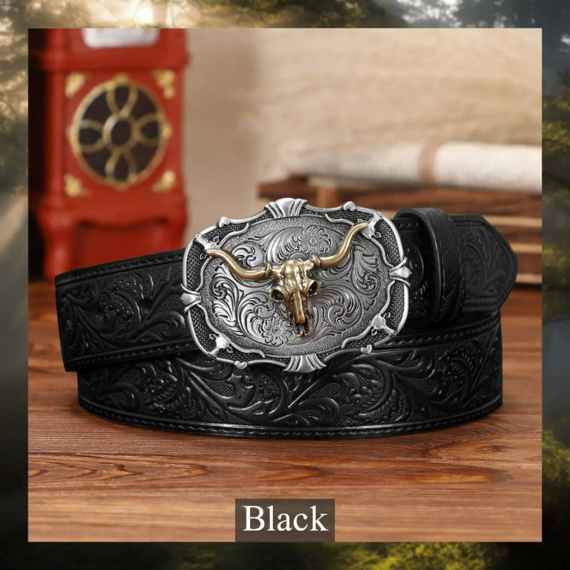 Western bull head belt black rolled