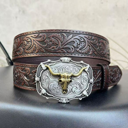 Western bull head belt coffee brown on stand