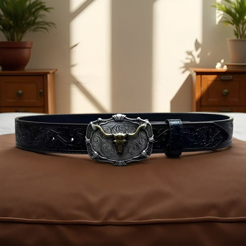 Western bull head belt black buckle display