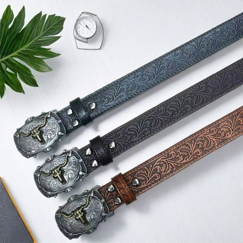 Western bull head belt 3-color assortment
