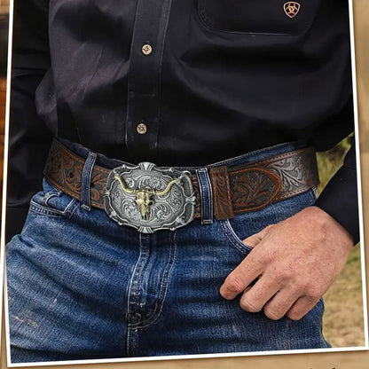 Western bull head belt on model