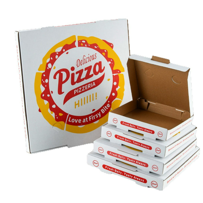 Corrugated pizza box custom printed exterior with stacked open lid fluted interior