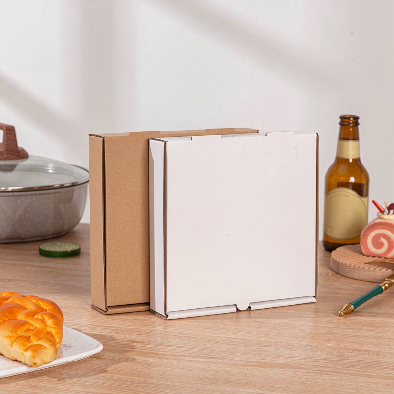 Corrugated pizza box kraft and white upright comparison side by side
