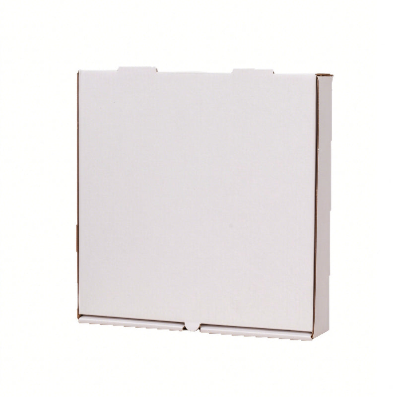 Corrugated pizza box white angled studio shot showing front tuck in tab