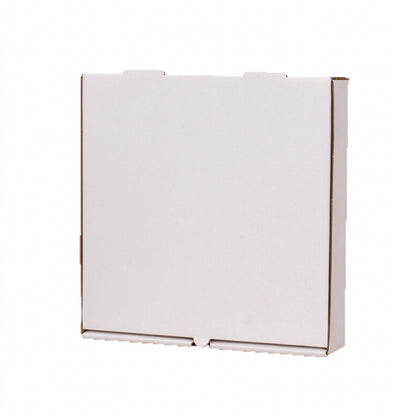 Corrugated pizza box white angled studio shot showing front tuck in tab
