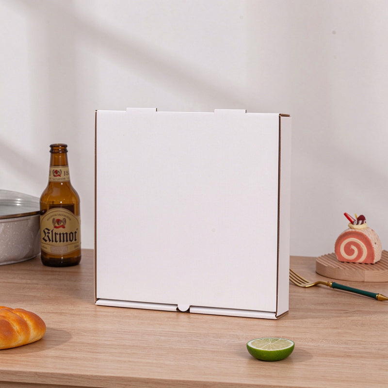 Corrugated pizza box white finish upright front view