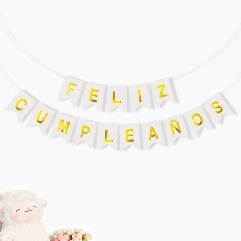 Spanish Happy Birthday Banner – Foil Stamped Fish Tail Pennant Garland, Gold Lettering Party Bunting for Spanish Celebration Decor