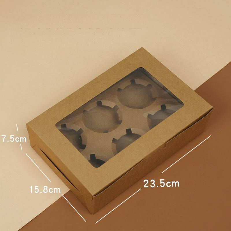 Wholesale windowed cupcake boxes with inserts - 6-cavity natural kraft paperboard with clear display window