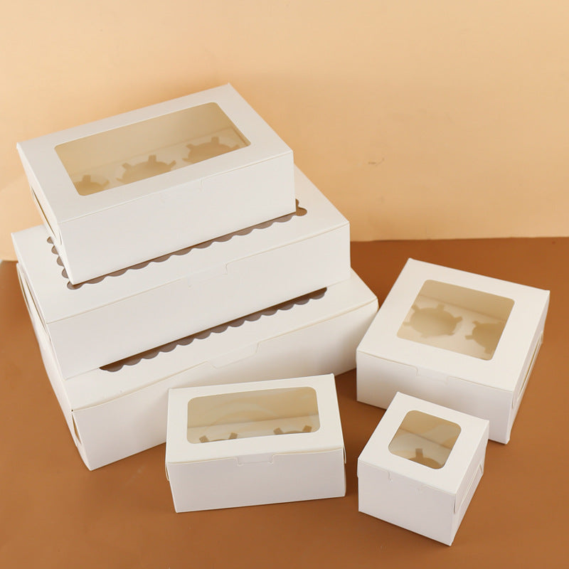 Wholesale windowed cupcake boxes with inserts - Stacked white cardboard boxes size comparison display