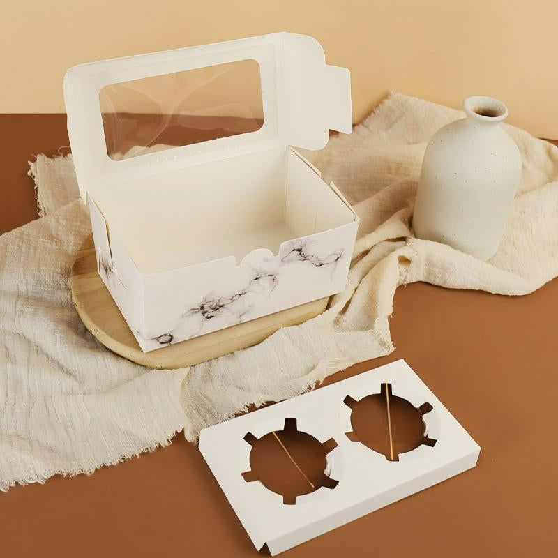 Wholesale windowed cupcake boxes with inserts - Marble pattern box with removable 2-cavity insert tray