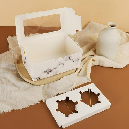 Wholesale windowed cupcake boxes with inserts - Marble pattern box with removable 2-cavity insert tray