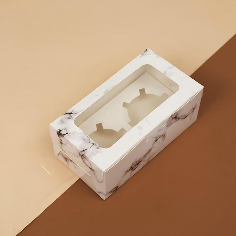 Wholesale windowed cupcake boxes with inserts - 2-cavity marble pattern cardboard with clear display window