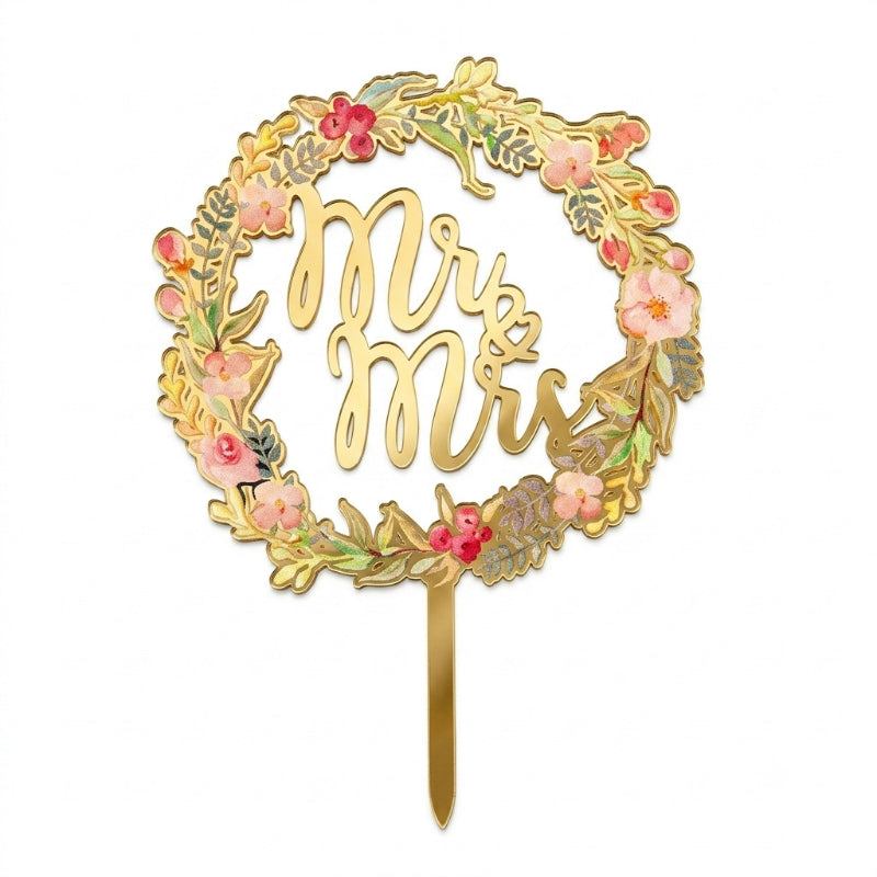 Acrylic and wood cake topper round floral wreath Mr and Mrs UV print 11cm width