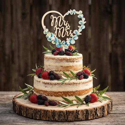 Acrylic and wood cake topper natural wood heart greenery wreath Mr and Mrs 11cm width
