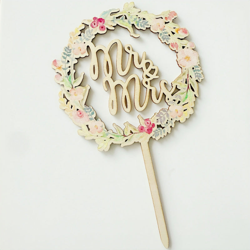 Acrylic and wood cake topper natural wood floral wreath Mr and Mrs 11cm width