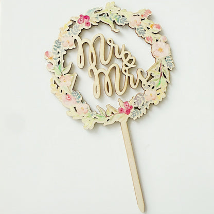 Acrylic and wood cake topper natural wood floral wreath Mr and Mrs 11cm width