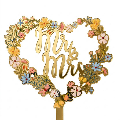 Acrylic and wood cake topper heart-shaped floral wreath Mr and Mrs 11cm width
