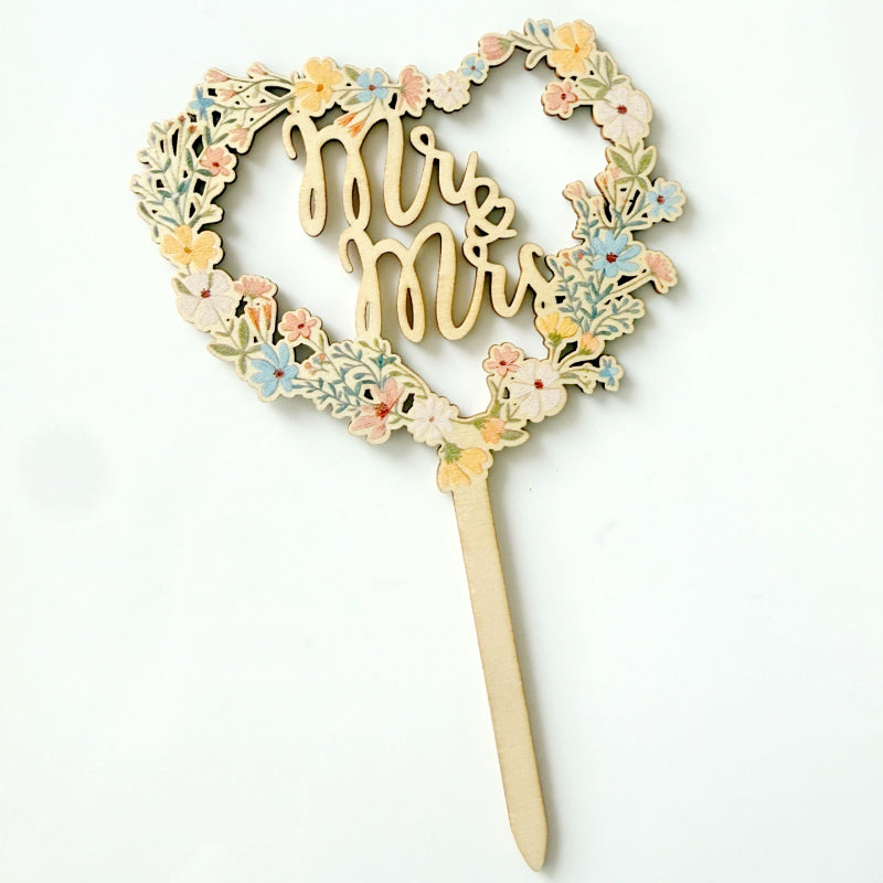 Acrylic and wood cake topper natural wood heart floral wreath Mr and Mrs 11cm width