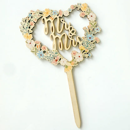 Acrylic and wood cake topper natural wood heart floral wreath Mr and Mrs 11cm width