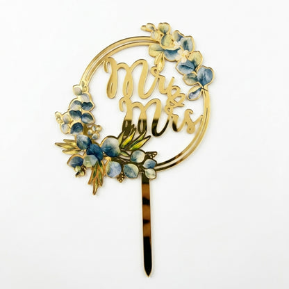 Acrylic and wood cake topper botanical greenery wreath Mr and Mrs 11cm width