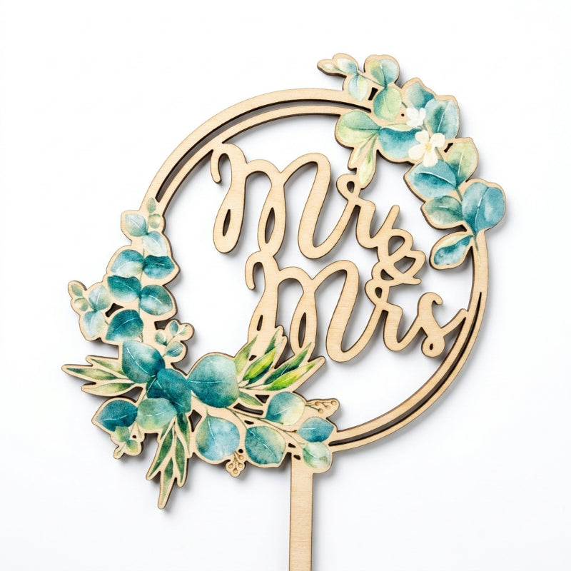 Acrylic and wood cake topper natural wood botanical greenery wreath Mr and Mrs 11cm width
